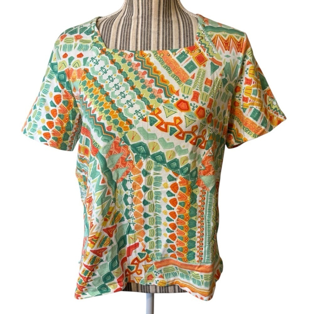 Alfred Dunner Top XL Petite Orange Green White Geometric Short Sleeve Tee